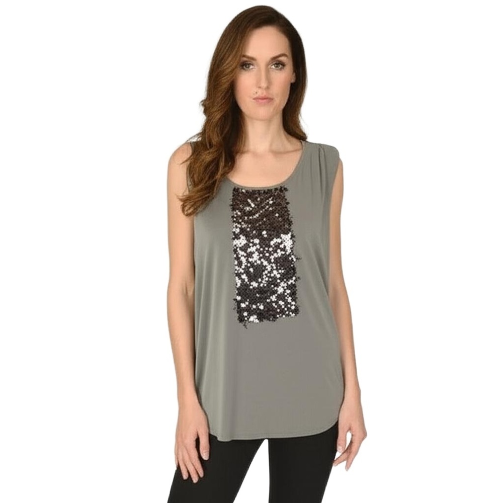ELLEN TRACY Sleeveless Top M Gray Sequin Embellished Glamorous Party Shimmer